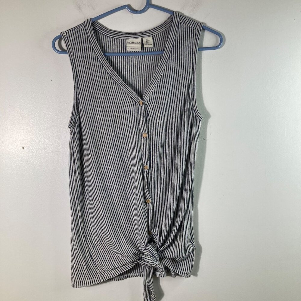 Womens Rachel Zoe Linen Top Sleeveless Button Tie Front Stripe L Navy White